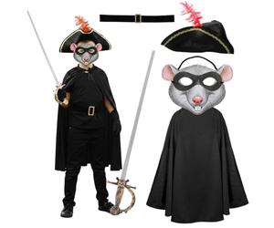 Costume de rat de l'autoroute pour enfants - Masque carte de rat, cape noire, ceinture, chapeau mousquetaire et épée en aluminium - Déguisement de personnage de livre d'histoires pour la journée