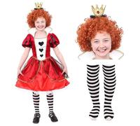 Costume de reine de cœur pour fille avec perruque, couronne et collants noirs et blancs, tenue pour enfants, journée mondiale du livre, déguisement pour Halloween