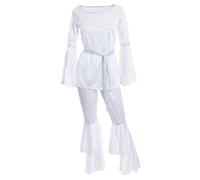 Costume de reine disco pour femme - Taille S - Tunique blanche et argentée des années 70 et pantalon assorti avec ourlets évasés - Costume vintage rétro des années 70 pour femme