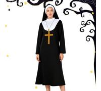 Costume de religieuse de 142 cm avec collier en croix pour fête d'Halloween, festival d'église avec fonction cosplay, tenue religieuse pour femmes et adultes, noir et blanc, ensemble complet