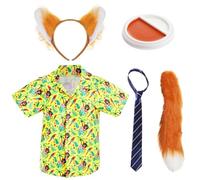 Costume de renard de ville pour adultes - Taille S - Chemise hawaïenne jaune, cravate rayée bleue et beige, oreilles et queue de renard, maquillage orange et blanc - Déguisement pour homme