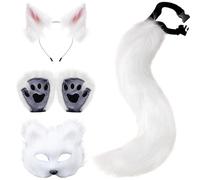 Costume de renard, équipement décoratif blanc en peluche comprend le masque renard, les oreilles de renard, la queue de renard et les pattes de renard pour les masques de fête de cosplay masquée