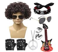 Costume de rock,Costume de rockstar | Robes de soirée rocker à thème des années 80 pour hommes,Ensemble de 9 pièces pour costumes rock masculins d'Halloween, perruque bouclés rock et plus pour la fête
