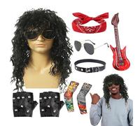 Costume De Rocker Des Années 80 Pour Hommes - Ensemble De Costumes De Rocker Star D'Halloween Des Années 80 | 9pcs Men's Rôcker Heavy Metal Tengit Avec Perruque | Bandana, Lunettes De Soleil, Gants Et