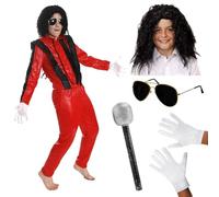 Costume de roi de la pop pour enfant - Veste rouge, pantalon, lunettes à monture dorée, accessoire de micro argenté, perruque et gants - Icône de la musique pour enfants - Déguisement pour Halloween