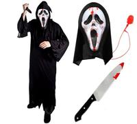 Costume de Screamer de luxe - Pompe à sang - Masque facial fantôme - Robe à capuche noire avec couteau - Déguisement d'horreur d'Halloween pour adultes