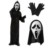 Costume de Screamer pour enfant - Taille S - Robe de faucheuse noire, masque à capuche et gants noirs - Parfait pour Halloween, films et autres déguisements