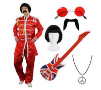 Costume de sergent poivron rouge pour adultes - Petite veste et pantalon rouges, lunettes, moustache, perruque noire des années 60, collier avec pendentif hippie et guitare gonflable - Parfait pour