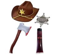 Costume de shérif pour adultes - Chapeau de cowboy marron, badge de shérif, hache gonflable et faux sang - Kit de déguisement d'Halloween Wild West