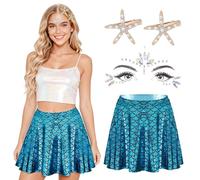 Costume de Sirène Femme,Costume de Monde Sous-Marin,Jupe Sirène Brillante+2Barrette Étoile de Mer+Tatouage Gemme de Visage,Costume de Sirène Brillante Cosplay,Accessoires de Déguisement pour Carnaval