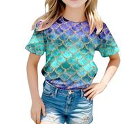 Costume de sirène pour fille - T-shirt imprimé écailles de poisson - T-shirt d'été à manches courtes - Chemise - Costume de carnaval - Costume hippie - Festivals disco