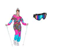 Costume de ski des années 80 pour femme - Graffiti - Avec lunettes - Combinaison 1 pièce - Trash Apres Ski, turquoise, rose, multicolore, 38