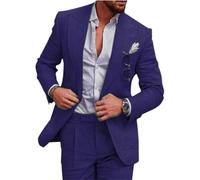 Costume de smoking 2 pièces en lin pour homme - Coupe ajustée - Simple boutonnage - Pour mariage, dîner, fête, bal de fin d'année, veste et pantalon, bleu marine, 6XL