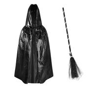 Costume de sorcière 2 pièces pour enfants - Cape à capuche métallique avec balai de sorcière - Costume de cosplay - Poncho de magicien - Accessoire médiéval - Costume de fête à thème pour déguisement