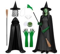 Costume de sorcière 7 pièces pour Halloween - Nez vert - Accessoire de costume de vieille sorcière avec balai pour femme - Accessoires de cosplay - Tenues de fête