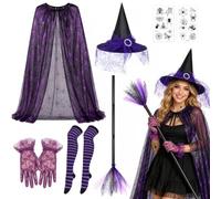 Costume de sorcière avec cape violette pour Halloween | Costume de sorcière 6 pièces - Déguisement avec toile d'araignée violette - Cape - Chapeau - Gants - Bas - Tatouages pour la