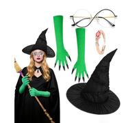 Costume de Sorcière, Chapeau de Sorcière pour Adultes avec Gants Griffus Verts, Kit Déguisement pour Cosplay Fête Carnaval Jeu de Rôle Soirée Masquée Cinéma Halloween