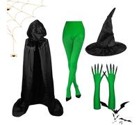 Costume de sorcière, chapeau de sorcière pour femme avec gants à griffes vertes - Kit de déguisement pour Halloween, bal masqué, anniversaire, cosplay, carnaval, festival, film
