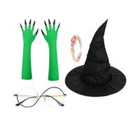 Costume de sorcière : chapeau noir avec gants à griffes vertes, effrayant d'Halloween, carnaval déguisé, kit de fête cosplay, festival gothique jouant accessoire, film magique Hal