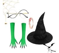 Costume de sorcière - Chapeau noir, gants griffe verte, kit complet de cosplay d'Halloween, tenue de jeu de rôle à thème | fête d'anniversaire, bal masqué, carnaval, festival, soirée cinéma, événement
