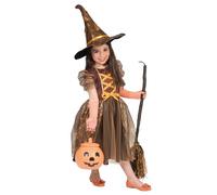 Costume de sorcière d'automne pour fille | Marron/orange - Costume pour enfant - Chapeau de sorcière à paillettes - Robe pour Halloween, Nuit Walpurgis, carnaval, sorcière, toile d'araignée, Orange
