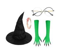 Costume de sorcière d'Halloween - Chapeau de sorcière noir avec gants verts assortis, kit de cosplay pour bal masqué, carnaval, fêtes costumées et jeux de rôle | Tenue parfaite pour adultes