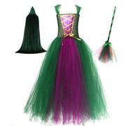 Costume de sorcière d'Halloween pour fille | Robe de sorcière avec cape et balai pour cosplay, spectacle, carnaval, spectacle, événement, séance photo, fête, cinéma