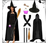 Costume De Sorcière Femme Halloween,Chapeau De Sorcière,Cape De Sorcière Balai De Sorcière,Gants De Sorcière,Bouteille De Potion De Sorcière,pour Halloween Fête Mascarade Accessoires de Cosplay