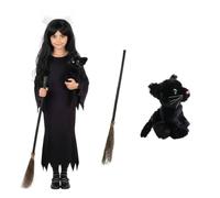 Costume de sorcière pour enfant - XL - Robe noire, bâton à balai à visser 3 pièces, jouet en peluche chat noir - Déguisement pour enfants filles pour la semaine du livre