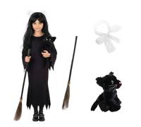 Costume de sorcière pour enfant - XL - Robe noire, nœud en dentelle blanche, bâton à balai 3 pièces, jouet en peluche chat noir - Déguisement pour fille - Pour la semaine du livre
