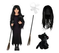 Costume de sorcière pour enfant - XL - Robe noire, perruque longue, nœud en dentelle blanche, bâton à balai 3 pièces, chat noir en peluche - Déguisement pour fille