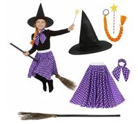 Costume de sorcière pour enfants avec balai, chapeau de sorcière, jupe à pois, cheveux tressés roux et baguette magique pour la journée mondiale du livre et jeu de déguisement pour enfants