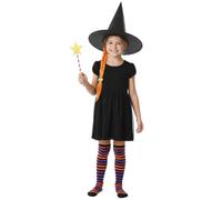 Costume de sorcière pour enfants avec chapeau, balai, baguette et tresse - Accessoires magiques inspirés des livres d'histoires pour la semaine du livre, la journée mondiale du livre, Halloween et les