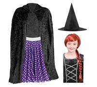 Costume de sorcière pour fille - Cape noire, jupe à pois violets et blancs, perruque tressée rouge, chapeau de sorcière pointu - Costume d'Halloween pour enfants pour la journée mondiale du livre