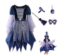 Costume de sorcière pour fille - Robe de sorcière pour Halloween - Avec chapeau de sorcière - Baguette magique et sac à main - 4/5 pièces - Avec étoile pailletée - Tulle ample - Manches longues - Robe