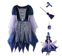 Costume de sorcière pour fille - Robe de sorcière pour Halloween - Avec chapeau de sorcière - Baguette magique et sac à main - 4/5 pièces - Avec étoile pailletée - Tulle ample - Manches longues - Robe