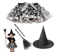 Costume de sorcière pour filles Ensemble de 3 pièces avec jupe réglable avec chapeau et balai Accessoires effrayants pour jeu de rôle Halloween carnaval et anniversaire