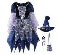 Costume de sorcière pour filles, robe de sorcière méchante brillante avec chapeau, baguette magie et sac bonbons pour décor fête d'Halloween, 110 cm, Halloween 2025