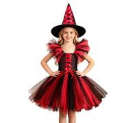 Costume de sorcière pour Halloween, robe gothique avec chapeau de magicien | Mignon coloré en tulle superposés robes sans manches A-Line Corset Tutu Robe réglable en dentelle bretelles midi vêtements