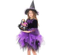 Costume de sorcière pour tout-petits, costume de sorcière pour filles comprend une robe en tulle éclairage éclairage avec une corde à LED, un chapeau et un sac fourre-tout pour Halloween Cosplay Part