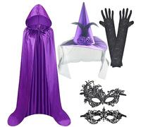 Costume De Sorcière Violette, Halloween Cape à Capuche, avec Chapeau Sorcières, Masque pour Les Yeux, Cape, pour Halloween, Carnaval garçon Fille Cosplay Costume