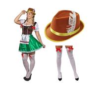 Costume de soubrette bavaroise pour femme avec robe, chapeau et bas | Robe bavaroise verte et marron, chapeau plume marron, bas blancs, nœud rouge, déguisement Oktoberfest, taille S à XXL