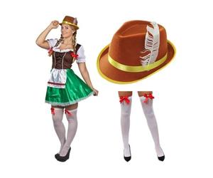 Costume de soubrette bavaroise pour femme avec robe, chapeau et bas | Robe bavaroise verte et marron, chapeau plume marron, bas blancs, nœud rouge, déguisement Oktoberfest, taille S à XXL