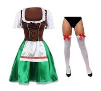 Costume de soubrette bavaroise pour femme Oktoberfest - Taille XXL - Robe Dirndl verte avec tablier et bas de cuisse blancs avec nœuds rouges