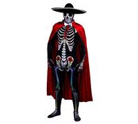 Costume de squelette de crâne pour le Jour des morts - Avec grand sombrero en feutre noir de luxe + nœud papillon en satin blanc + cape en velours rouge - Dia de los Muertos mexicain - XL