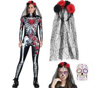Costume de squelette Lady Skull, Combinaison de squelette de rose, Body squelette effrayant sexy pour femme, tatouage Dia De Los Muertos, Serre-tête et voile pour Halloween, fête costumée, jeu de rôle