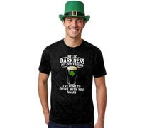 Costume de St Patrick pour adultes - T-shirt noir imprimé « Hello Darkness », chapeau haut de forme irlandais vert - Costume de fête irlandaise pour homme et femme