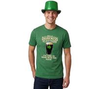Costume de St Patrick pour adultes - T-shirt vert avec imprimé « Hello Darkness » beige, chapeau haut-de-forme trèfle irlandais vert à paillettes - Déguisement de célébration irlandaise pour homme et