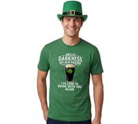 Costume de St Patrick pour adultes - XL - T-shirt vert avec imprimé « Hello Darkness » blanc, chapeau haut de forme à boucle irlandaise verte - Déguisement de célébration irlandaise pour homme et