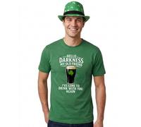 Costume de St Patrick pour adultes - XXL - T-shirt vert avec imprimé « Hello Darkness », chapeau trilby vert irlandais trilby - Déguisement de célébration irlandaise pour homme et femme
